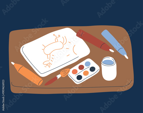 Cartoon vector illustration of table with drawing supplies including pencils, paints, brushes and artwork, concept of creativity, artistic expression and imagination