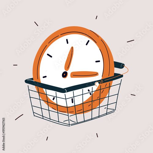 Cartoon vector illustration of clock dial in shopping basket, concept of time management, shopping and priorities