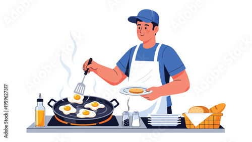 Culinary Craft: A chef expertly cooks a batch of sunny-side-up eggs in a bustling kitchen, surrounded by culinary tools and ingredients. 