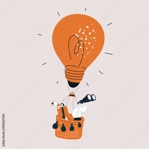Cartoon vector illustration of man and woman flying on a hot air balloon with light bulb instead of balloon, concept of creativity, innovation and imaginative journey