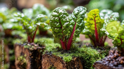 Vibrant Swiss chard seedlings with ruby stems grow organically in rich soil, showcasing fresh edible greens.