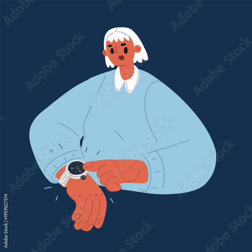 Cartoon vector illustration of woman pointing at her watch, concept of punctuality, time awareness and reminder