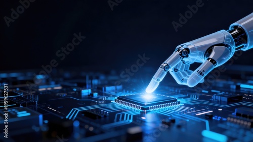 Robotic hand touching AI processor chip on futuristic circuit board, artificial intelligence and semiconductor technology concept, idea for automation computing and digital innovation
