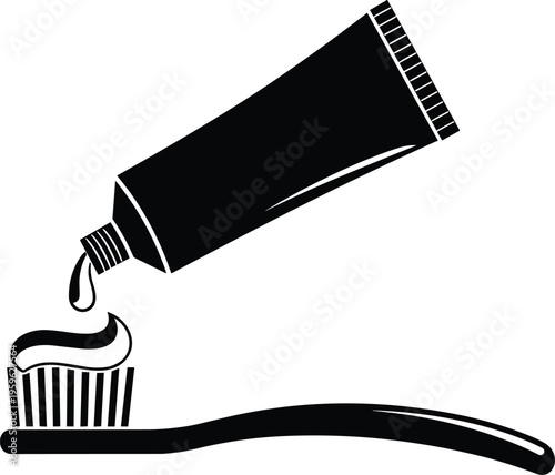 Toothpaste tube and toothbrush icon in black silhouette style, dental hygiene illustration, oral care equipment symbol, brushing teeth concept vector isolated on background