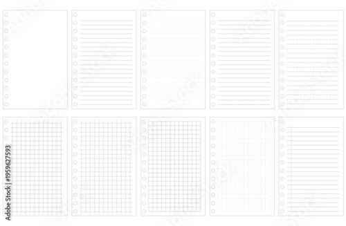Round perforated notepad set with transparent background, lines, dotted lines, and grid lines.