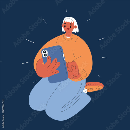 Cartoon vector illustration of woman surfing on smartphone, concept of digital exploration, information flow and modern connectivity