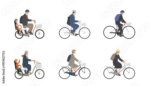 電動自転車に乗る人々のイラストセット（通勤・送迎・日常）