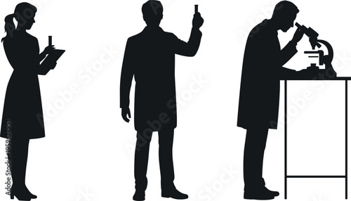 Scientist silhouettes set with male and female researchers conducting laboratory experiments, using microscope and test tube, science research and medical analysis concept