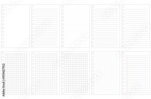 Rectangular notepad set with horizontal holes, transparent background, line, dotted line, and grid lines.
