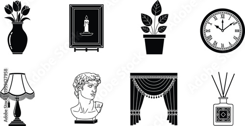 Set of home decor silhouettes including vase flowers, candle frame, plant pot, wall clock, lamp, statue bust, curtains, and aroma diffuser vector icons