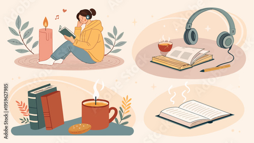 Cozy bookworm daily routine illustration with reading coffee and relaxation