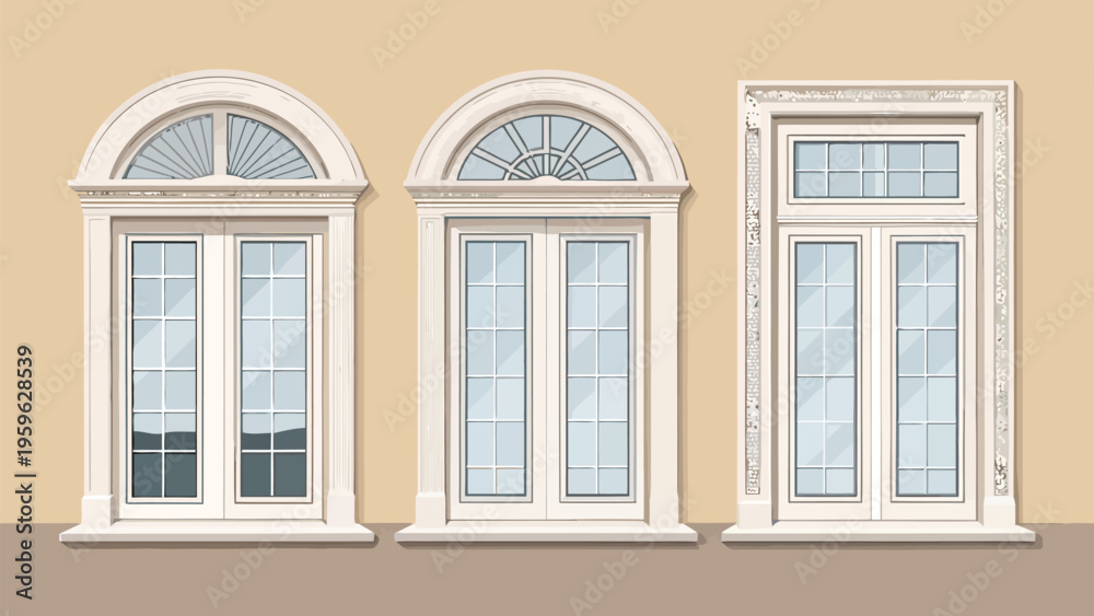 Fototapeta premium Classic and modern window shapes bundle rectangular frames white trim beige wall background architectural elements home design