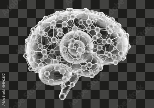 Intricate three dimensional render of a transparent brain model showcasing complex neural pathways and connections