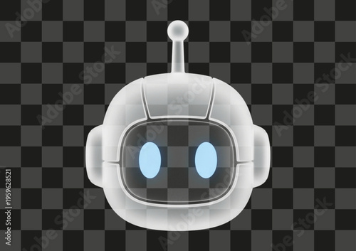 Minimalist 3D rendered robot head with glowing blue eyes a sleek white design and clean lines