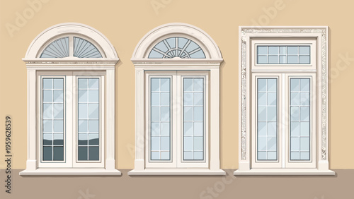 Classic and modern window shapes bundle rectangular frames white trim beige wall background architectural elements home design