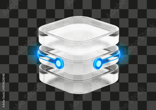 Precise three dimensional render of translucent data layers with glowing connection points
