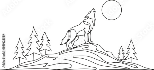 Wolf howling at the moon on mountain top continuous line art, minimalist wilderness landscape with pine trees and moon vector illustration
