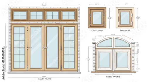 Detailed architectural drawing of various window elements including casement slider and egress window designs with precise measurements