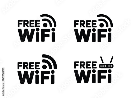 Four black free wifi signs with different symbols on white background