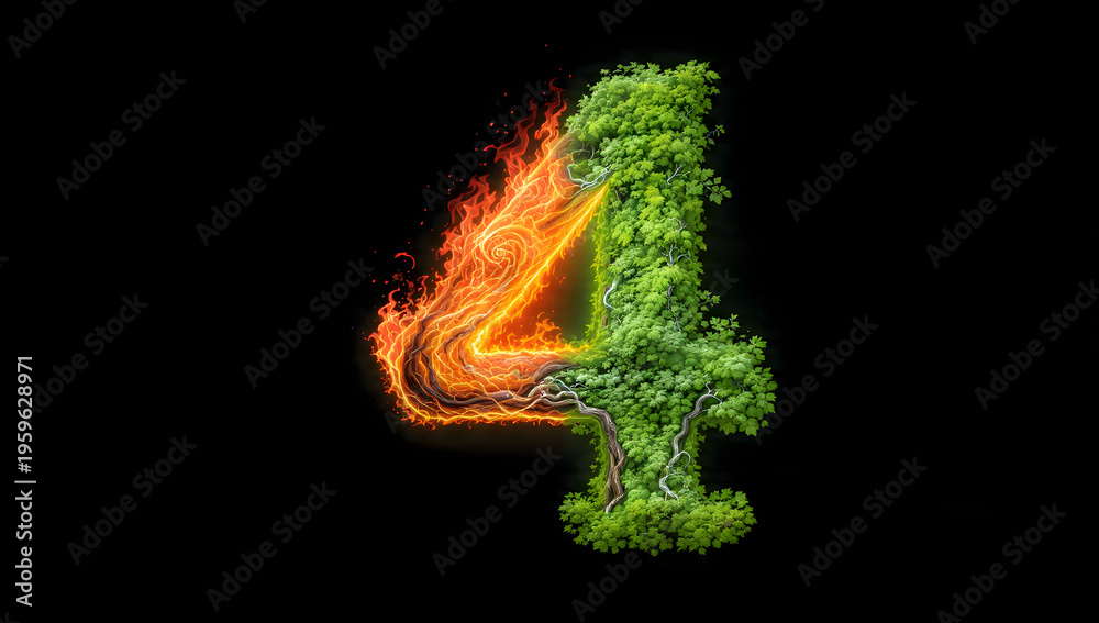 Fototapeta premium Number four with fiery and leafy texture on black background