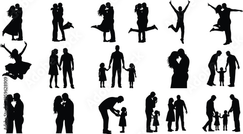 Love and family silhouettes, couples embracing, kissing, joyful jumping, parents with children, nurturing gestures, emotional bonds, lifestyle vector illustration design