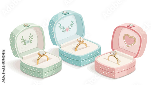 Pastel colored ring boxes with gold engagement rings heart and floral designs on lids white polka dots jewelry cases proposal