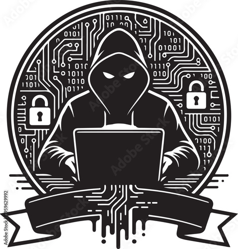 Hacker silhouette with laptop and circuit board, symbolizing cybercrime and technology, black and white