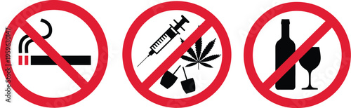 Prohibition signs, forbidden drugs no smoking no vaping no alcohol red crossed circle vector illustration for public safety restricted areas warning signage design