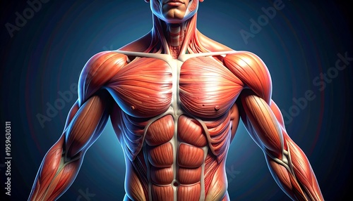 Anatomical illustration of the human muscular system, detailed and realistic.