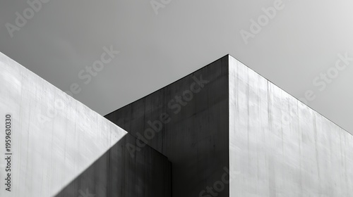 Geometric concrete building exterior under a gray sky with no people