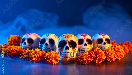 Day of the Dead Sugar Skulls and Marigolds.