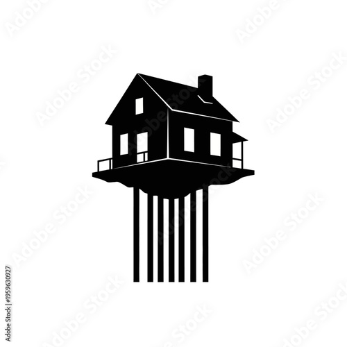 Silhouette of a House on Stilts Against a White Background.