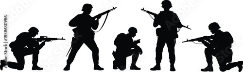 Soldier silhouettes, various combat poses black figures on white background military vector illustration