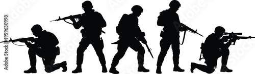 Soldier silhouettes, various combat poses black figures on white background military vector illustration