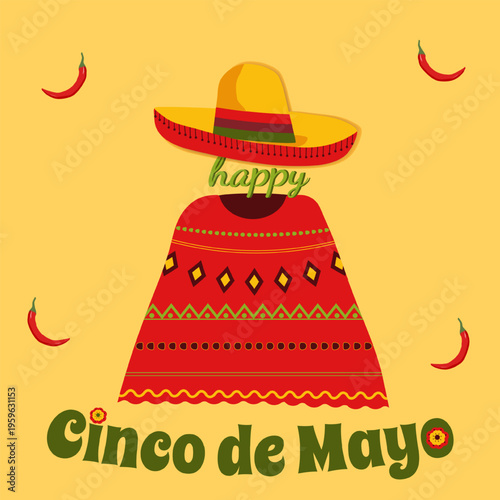 Red serape with patterns on a yellow background. Hat with a brim. Chili pepper, flowers.