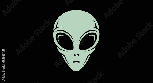 Minimalist graphic illustration of an extraterrestrial head silhouette with large eyes on a dark background, symbolizing mystery, space exploration, and unidentified flying object concepts
