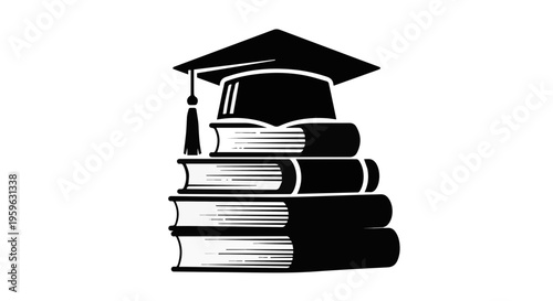 Graduation cap on stack of books with black and white design for educational concept