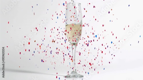 Animation of confetti falling over champagne glass on white background