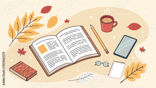Literature and learning elements with books coffee tablet and stationery on a beige background with autumn leaves