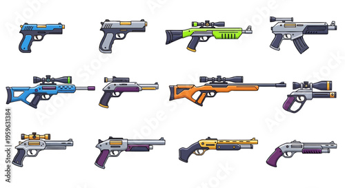 Vibrant collection of pixel art firearms, featuring various stylized pistols, rifles, and shotguns with unique designs and scopes, ideal for retro game development or digital art assets