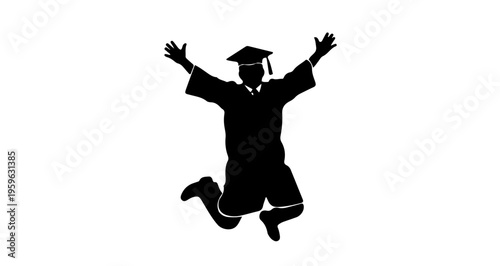 Graduating student celebrating joyfully in silhouette on a white background