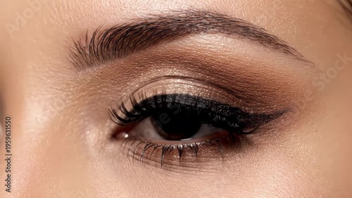 Closeup of eye with professional brown and gold shimmer makeup