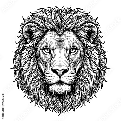 Lion Face vector Illustration. Highly detailed black and white illustration of a Lion face with round ears, dark eye patches, and textured fur.