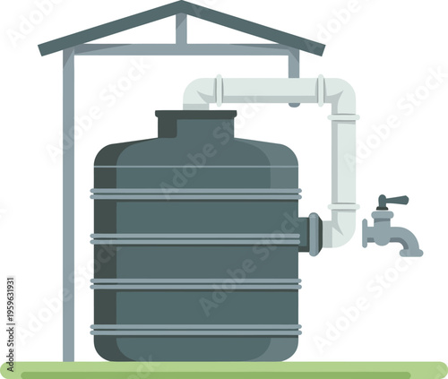 Solar-powered rainwater tank, harvesting system with shelter for water collection and storage sustainable vector illustration for eco-friendly irrigation and home design