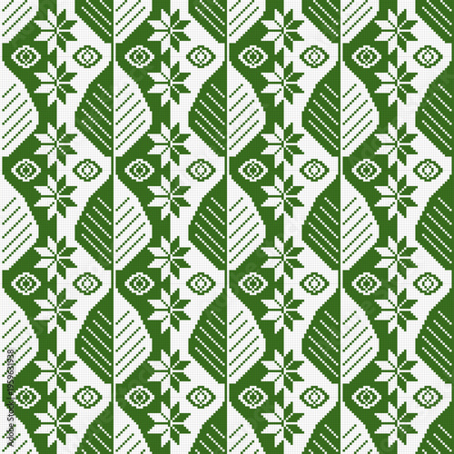 Green Botanical Geometric Seamless Pattern with Leaf Motif, Minimal Ethnic Knit Style Background, Modern Nature Inspired Repeat for Textile, Wallpaper and Surface Design