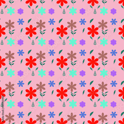 Cute Colorful Floral Seamless Pattern on Pink Background, Playful Simple Flowers and Leaves, Modern Ditsy Style for Fabric, Kids Textile, Wallpaper and Wrapping Paper Design