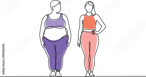 Body Transformation Comparison: Overweight to Fit Woman Line Art Minimalist Style Weight Loss Concept