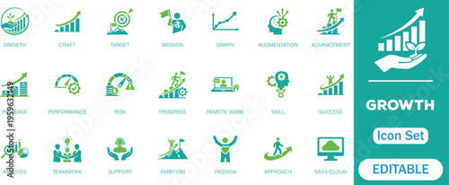 Growth editable solid icon set. Collection for success, skill, mission, graph, target, achievement, risk,improvement,grow,increase,chart,gain and more perfect vector icons.



