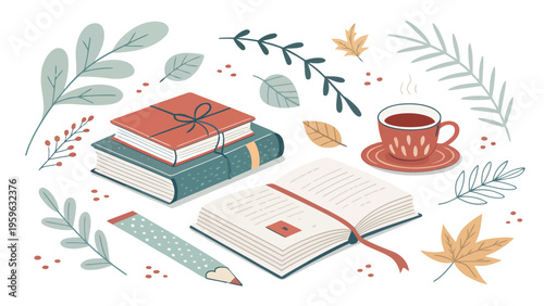 Cozy reading nook with books steaming cup of coffee and autumn leaves on white background symbolizing relaxation and study