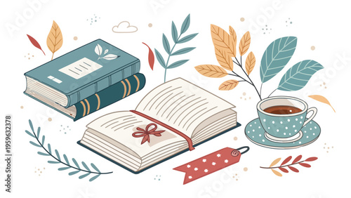 Vector set of minimal reading accessories with books cup of coffee and bookmarks on white background with autumn leaves